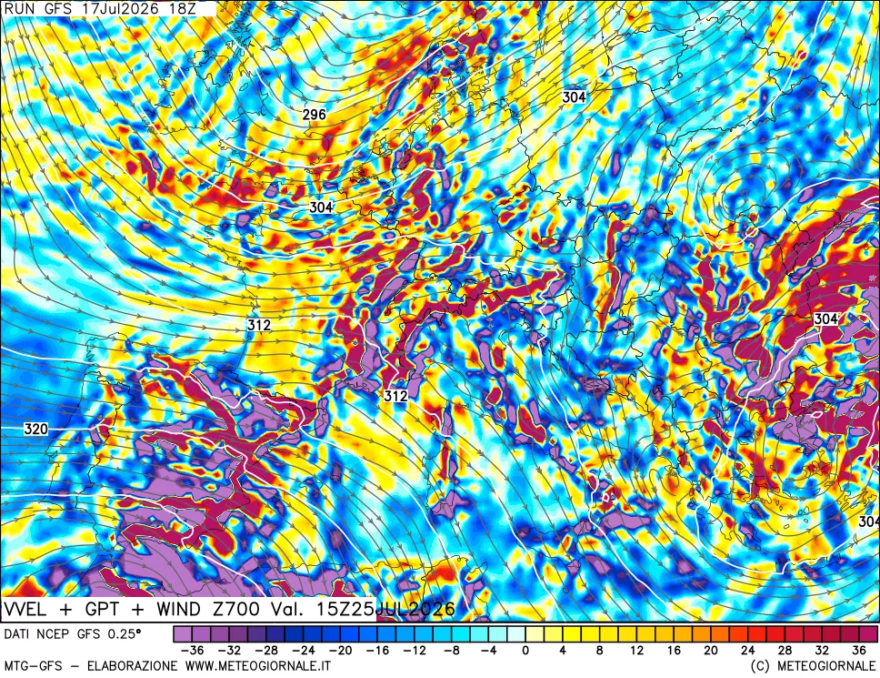 mappa 700 hPa Velocità verticiali + GPT + Vento