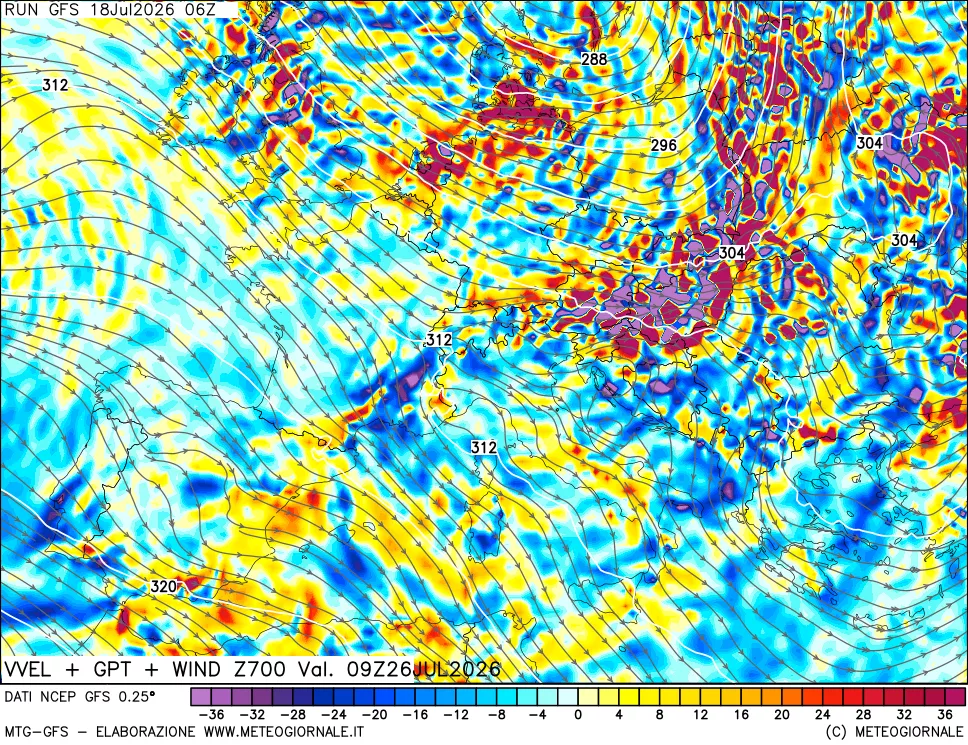 mappa 700 hPa Velocità verticiali + GPT + Vento