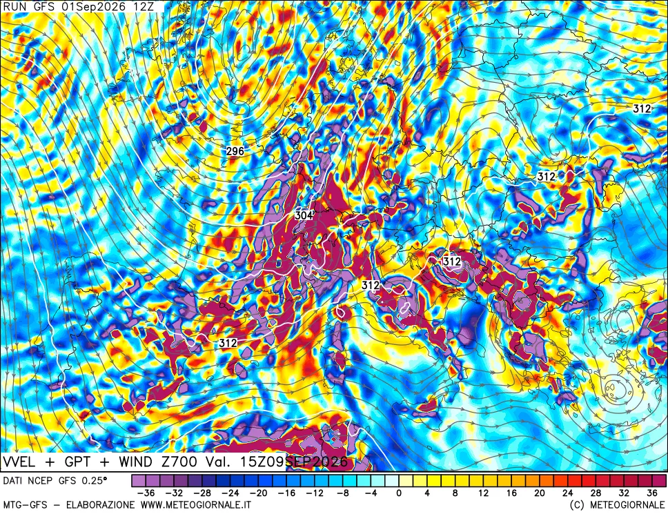 mappa 700 hPa Velocità verticiali + GPT + Vento