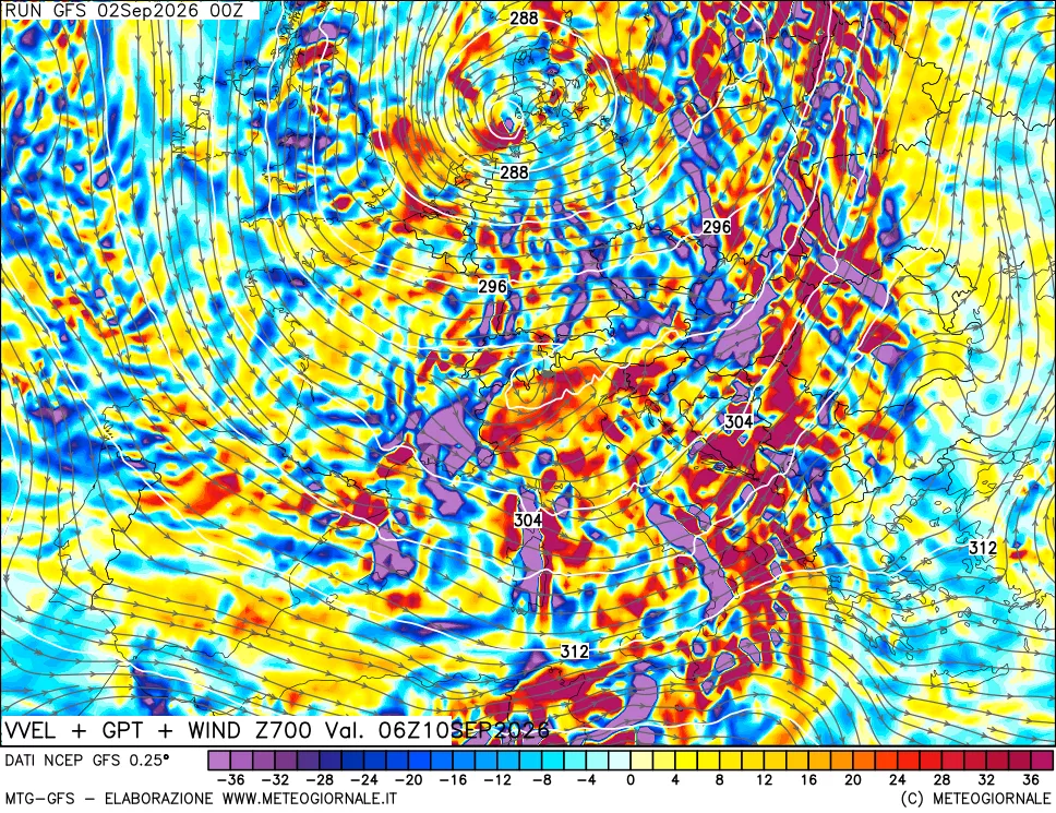 mappa 700 hPa Velocità verticiali + GPT + Vento
