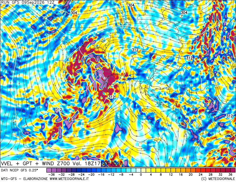 mappa 700 hPa Velocità verticiali + GPT + Vento