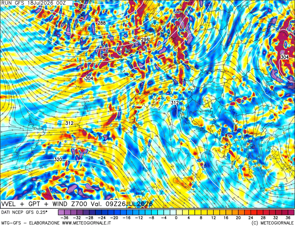 mappa 700 hPa Velocità verticiali + GPT + Vento