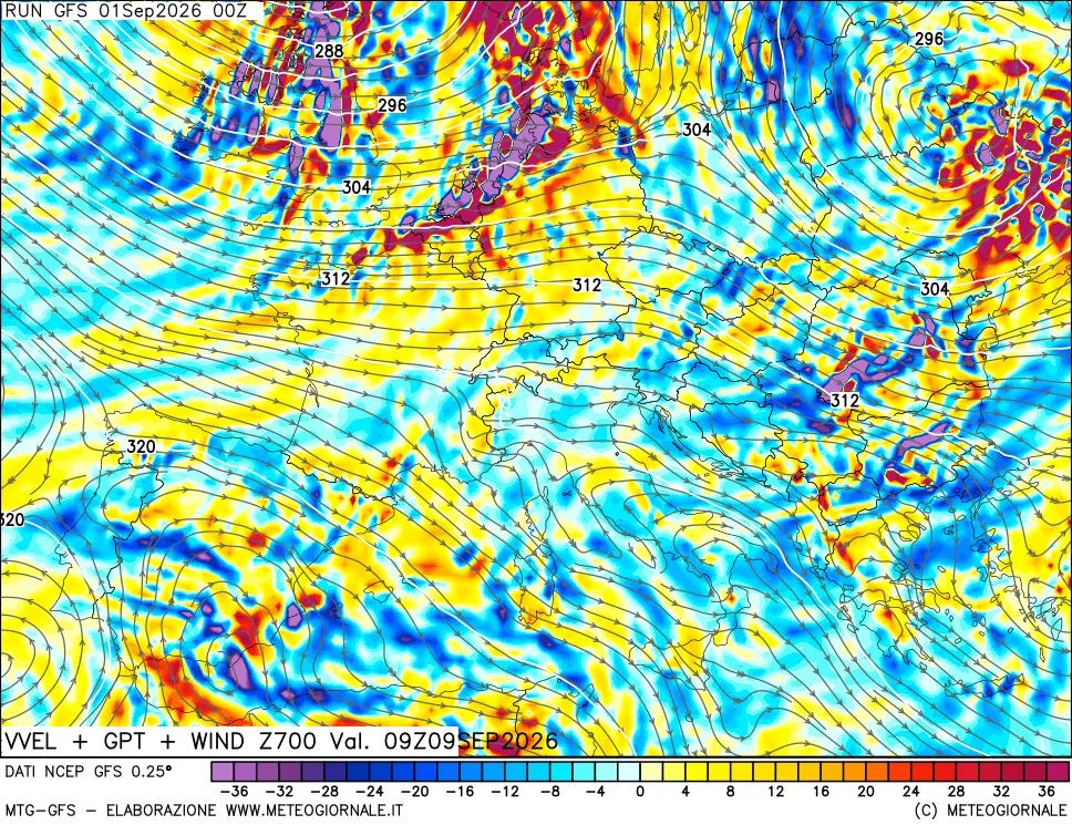 mappa 700 hPa Velocità verticiali + GPT + Vento