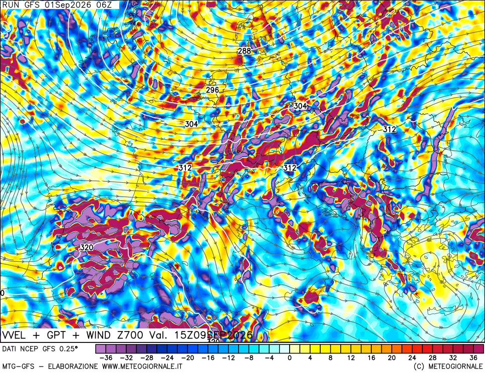 mappa 700 hPa Velocità verticiali + GPT + Vento
