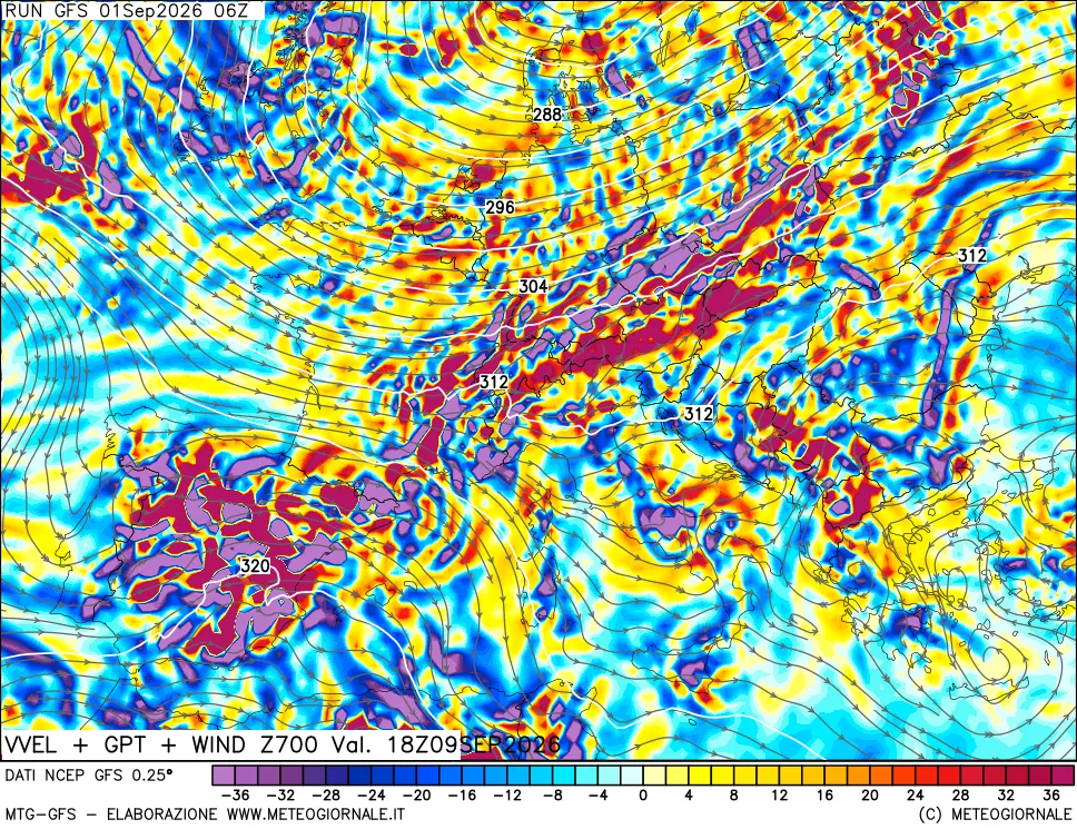 mappa 700 hPa Velocità verticiali + GPT + Vento