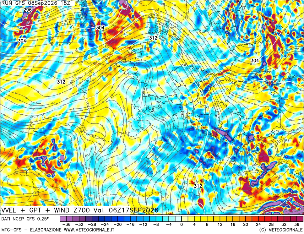 mappa 700 hPa Velocità verticiali + GPT + Vento