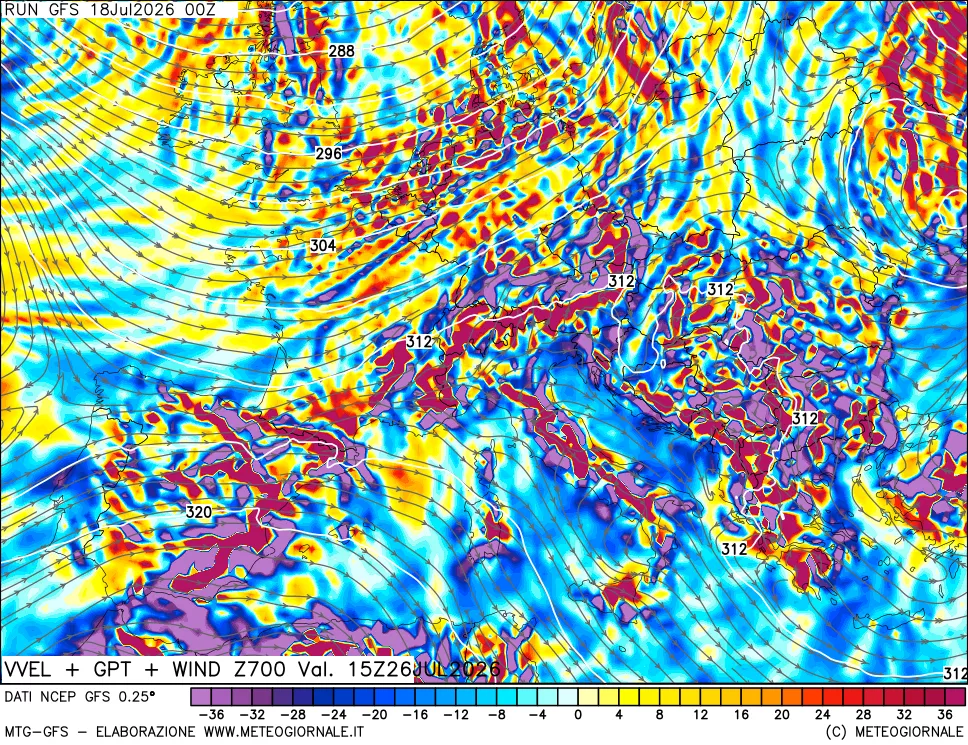 mappa 700 hPa Velocità verticiali + GPT + Vento