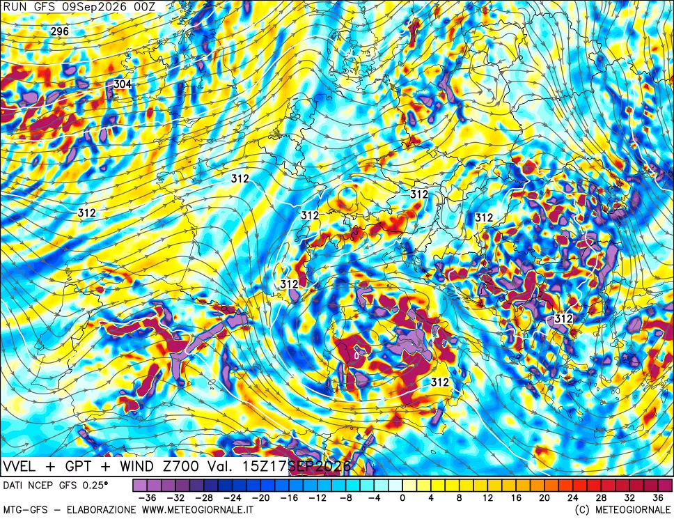 mappa 700 hPa Velocità verticiali + GPT + Vento