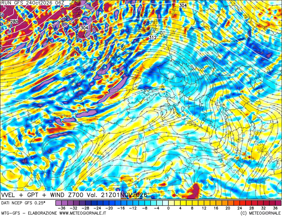 mappa 700 hPa Velocità verticiali + GPT + Vento