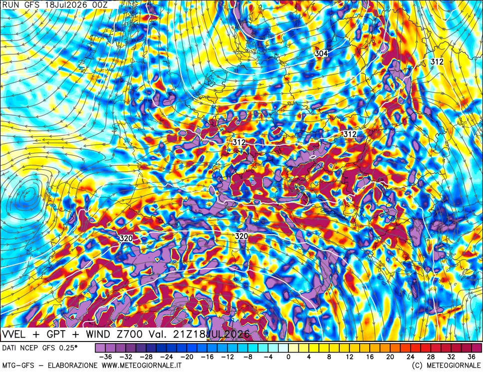 mappa 700 hPa Velocità verticiali + GPT + Vento