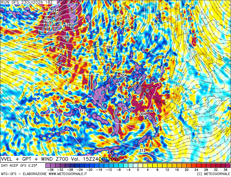 mappa 700 hPa Velocità verticiali + GPT + Vento