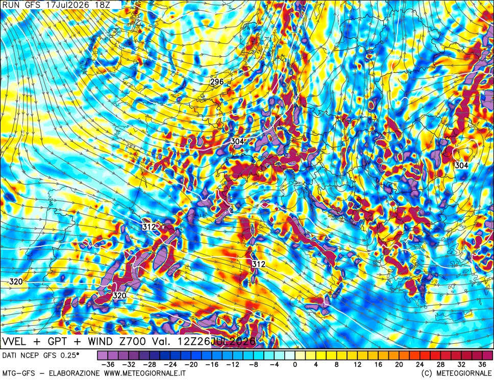 mappa 700 hPa Velocità verticiali + GPT + Vento