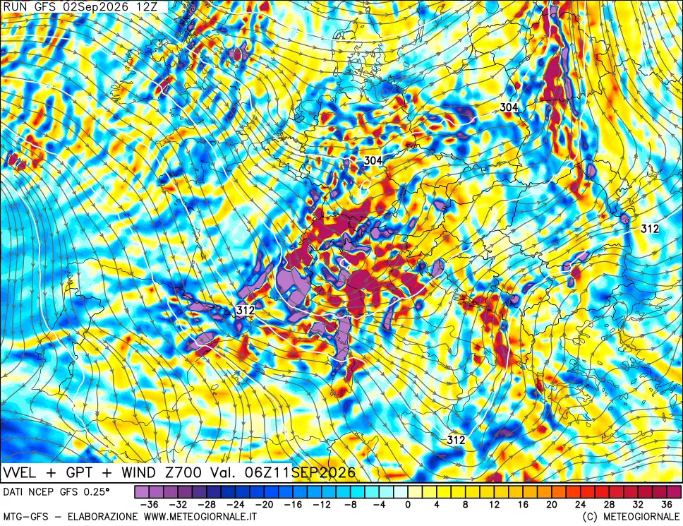 mappa 700 hPa Velocità verticiali + GPT + Vento