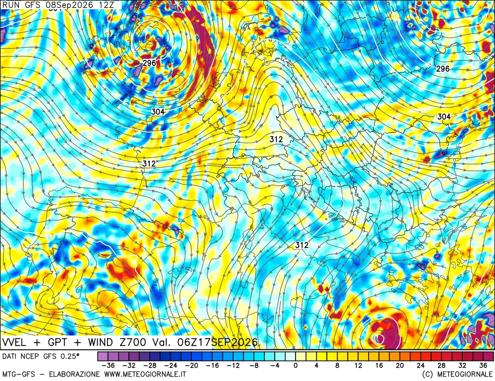 mappa 700 hPa Velocità verticiali + GPT + Vento