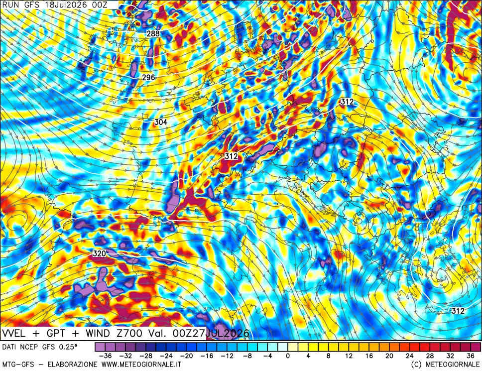 mappa 700 hPa Velocità verticiali + GPT + Vento