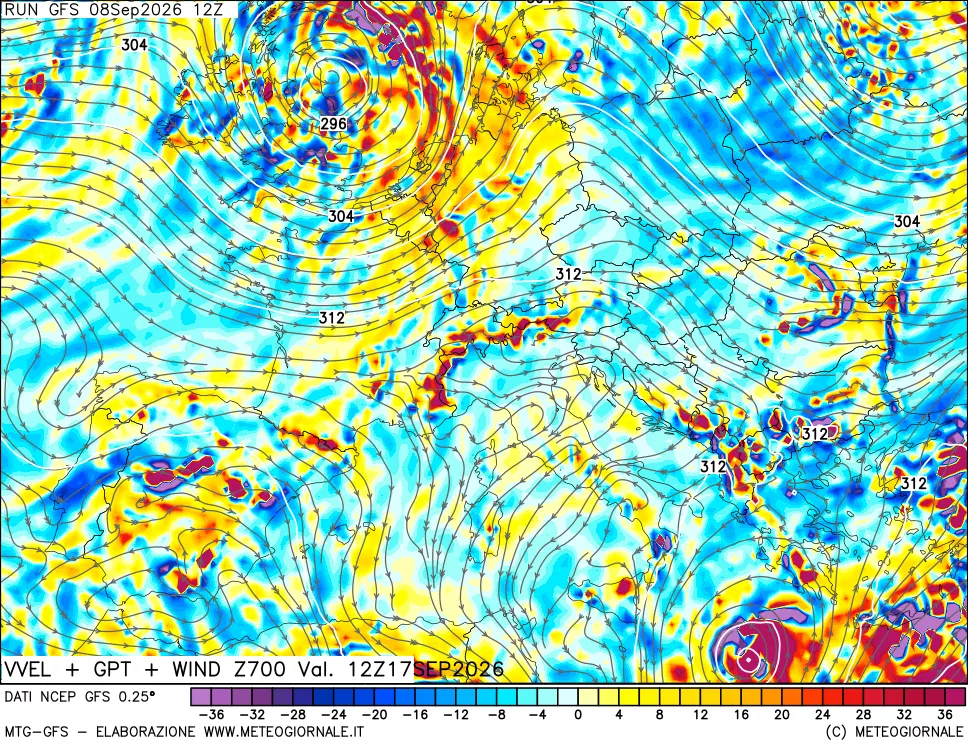 mappa 700 hPa Velocità verticiali + GPT + Vento