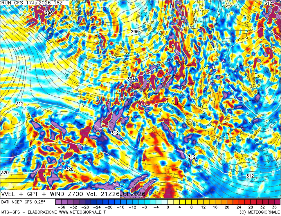 mappa 700 hPa Velocità verticiali + GPT + Vento