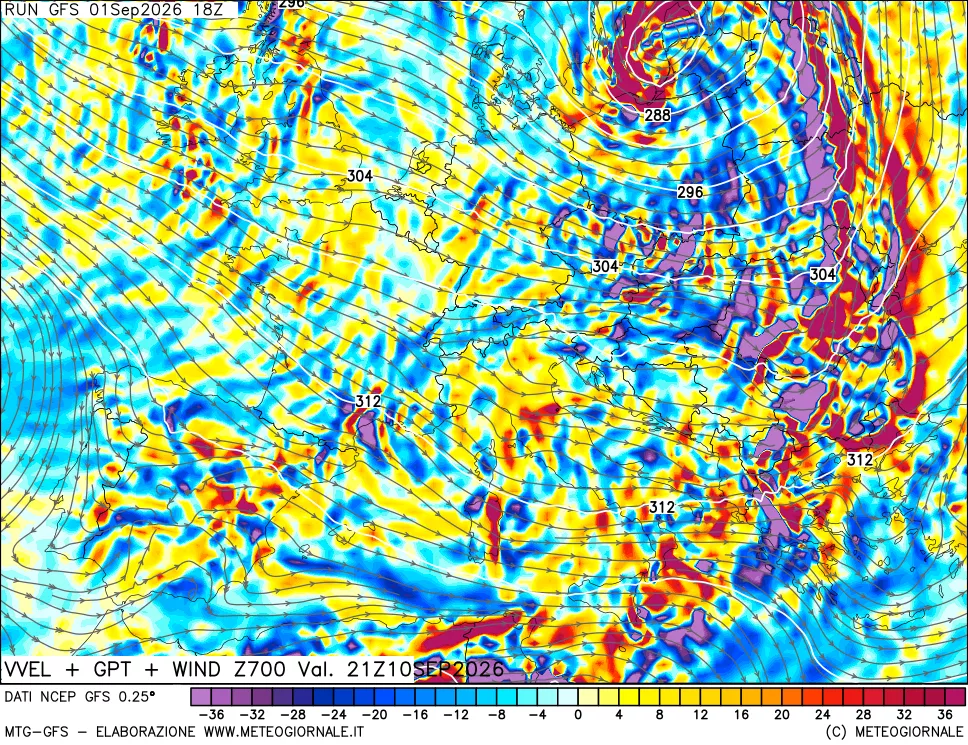 mappa 700 hPa Velocità verticiali + GPT + Vento