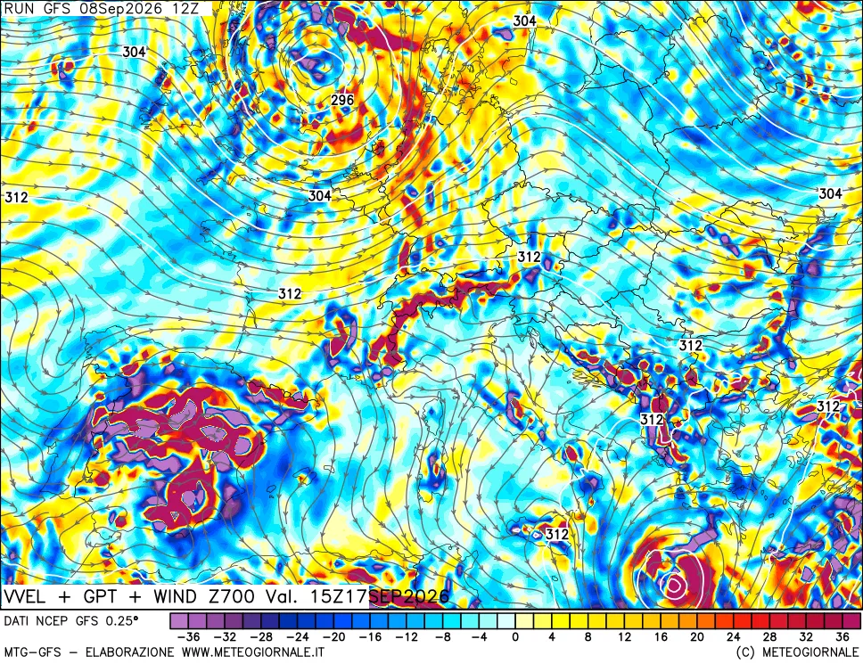mappa 700 hPa Velocità verticiali + GPT + Vento