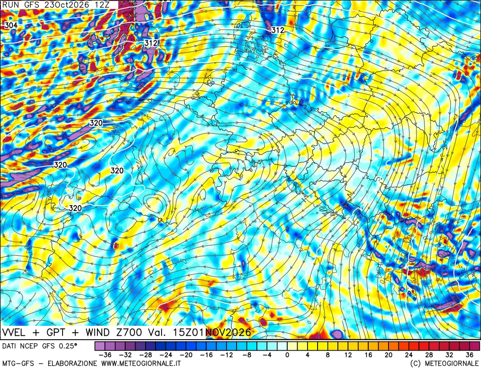 mappa 700 hPa Velocità verticiali + GPT + Vento