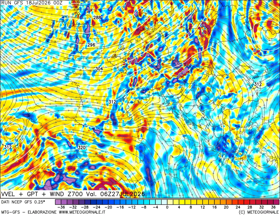 mappa 700 hPa Velocità verticiali + GPT + Vento