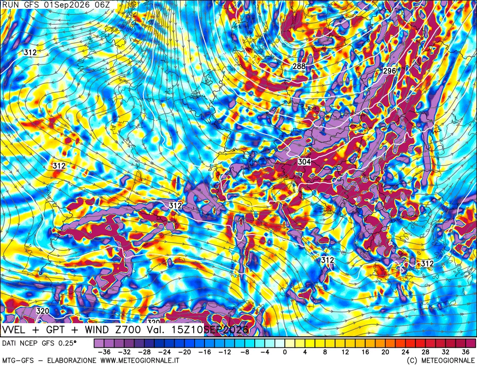 mappa 700 hPa Velocità verticiali + GPT + Vento
