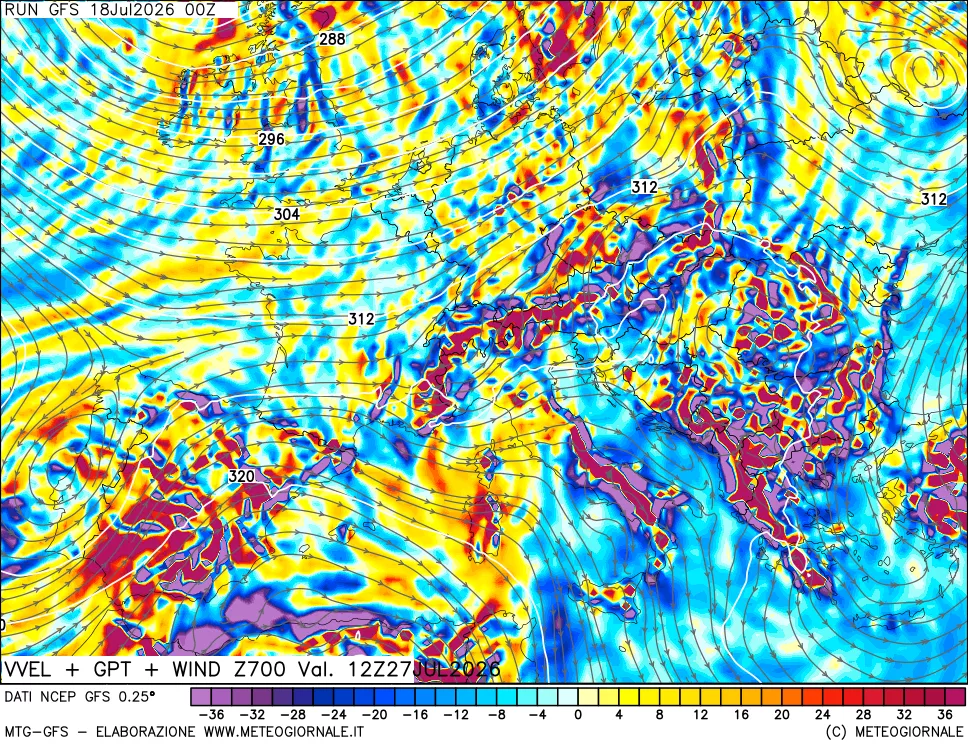 mappa 700 hPa Velocità verticiali + GPT + Vento