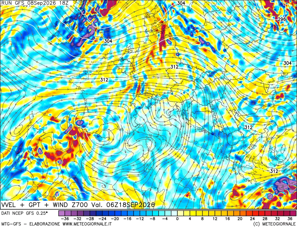 mappa 700 hPa Velocità verticiali + GPT + Vento