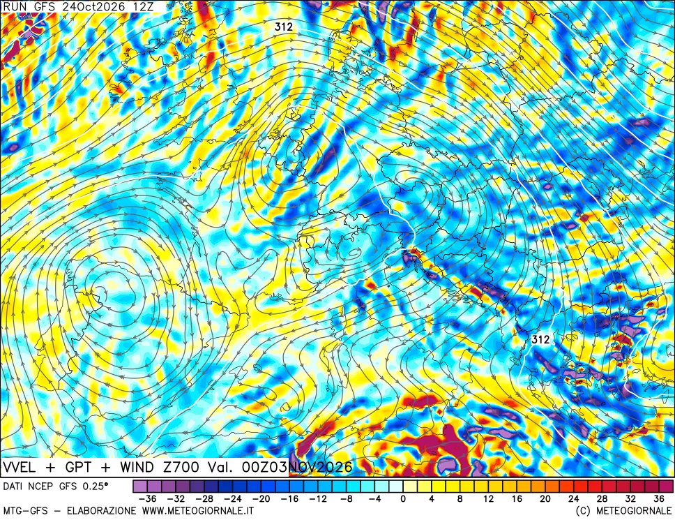 mappa 700 hPa Velocità verticiali + GPT + Vento