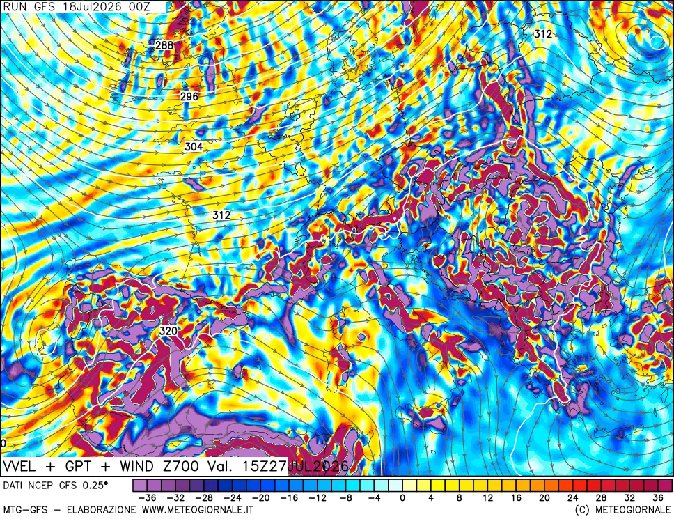 mappa 700 hPa Velocità verticiali + GPT + Vento