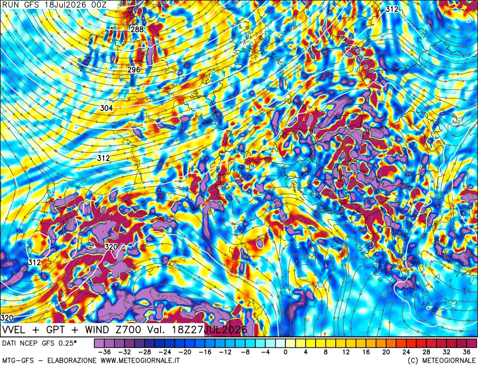 mappa 700 hPa Velocità verticiali + GPT + Vento