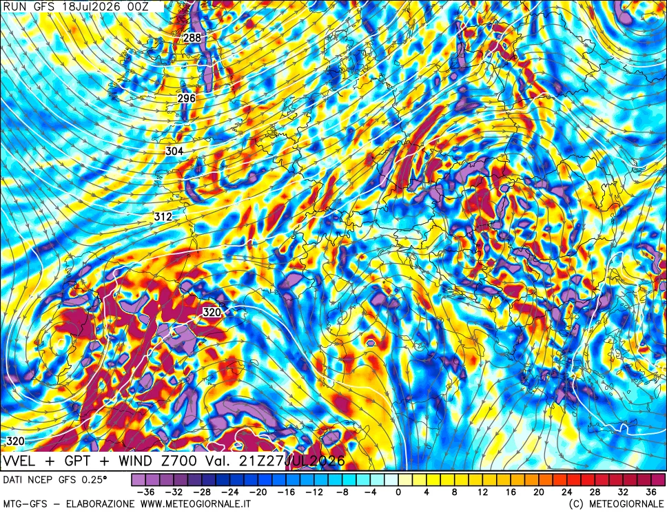 mappa 700 hPa Velocità verticiali + GPT + Vento