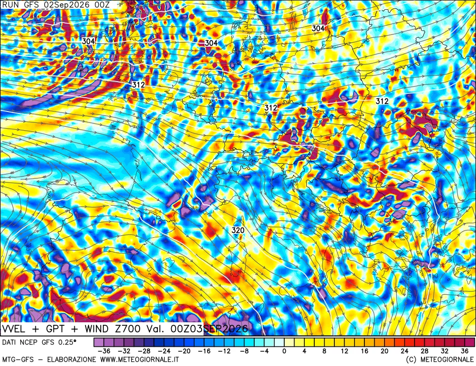mappa 700 hPa Velocità verticiali + GPT + Vento