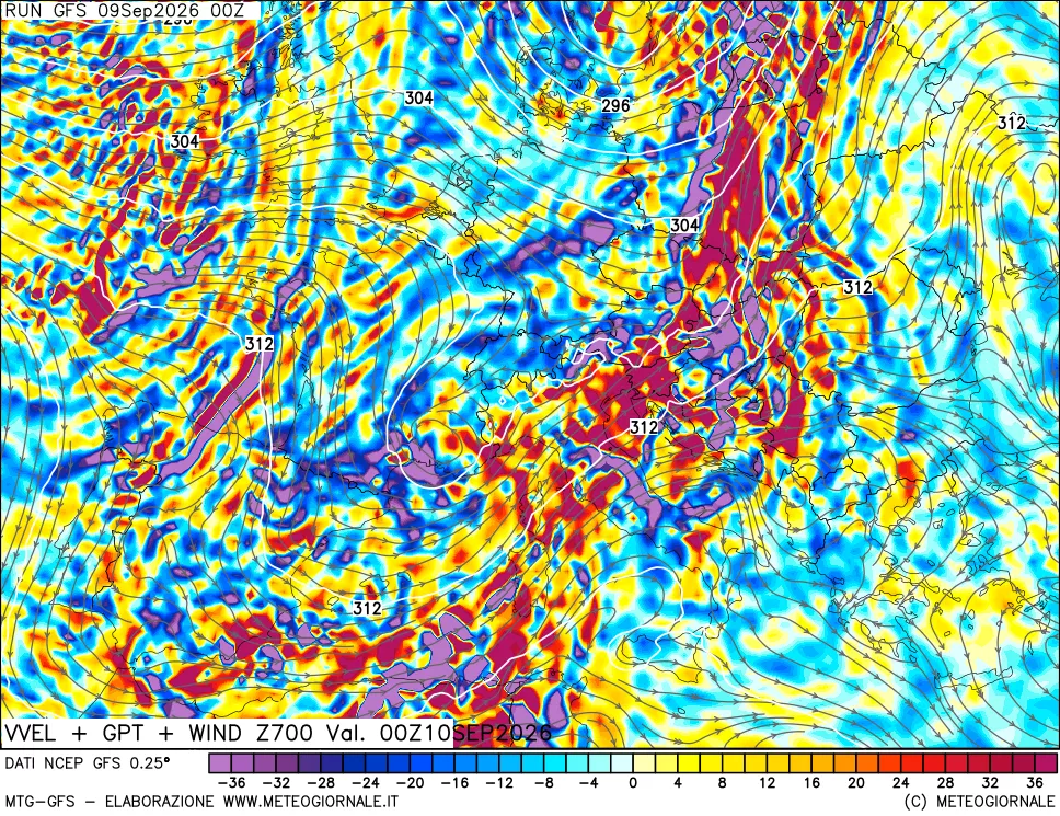 mappa 700 hPa Velocità verticiali + GPT + Vento