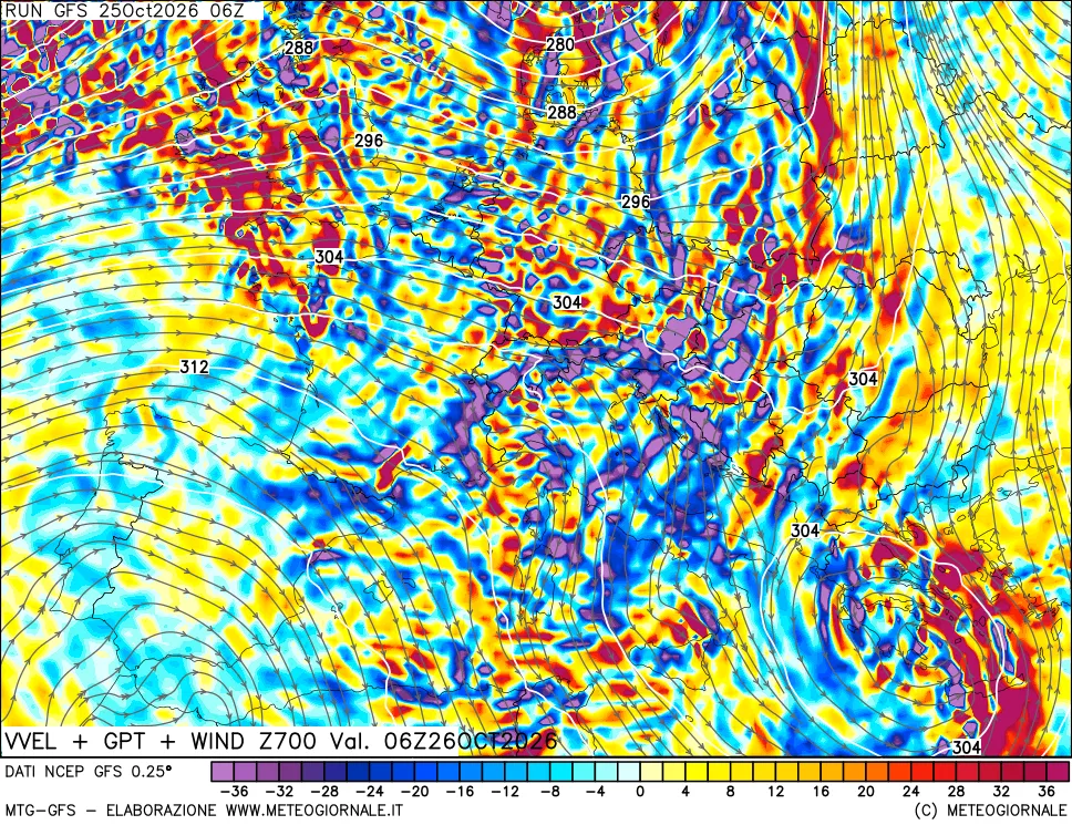 mappa 700 hPa Velocità verticiali + GPT + Vento