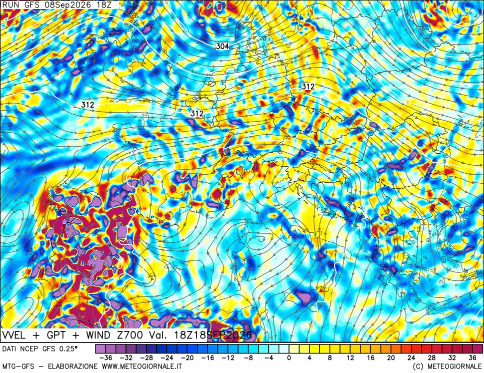 mappa 700 hPa Velocità verticiali + GPT + Vento