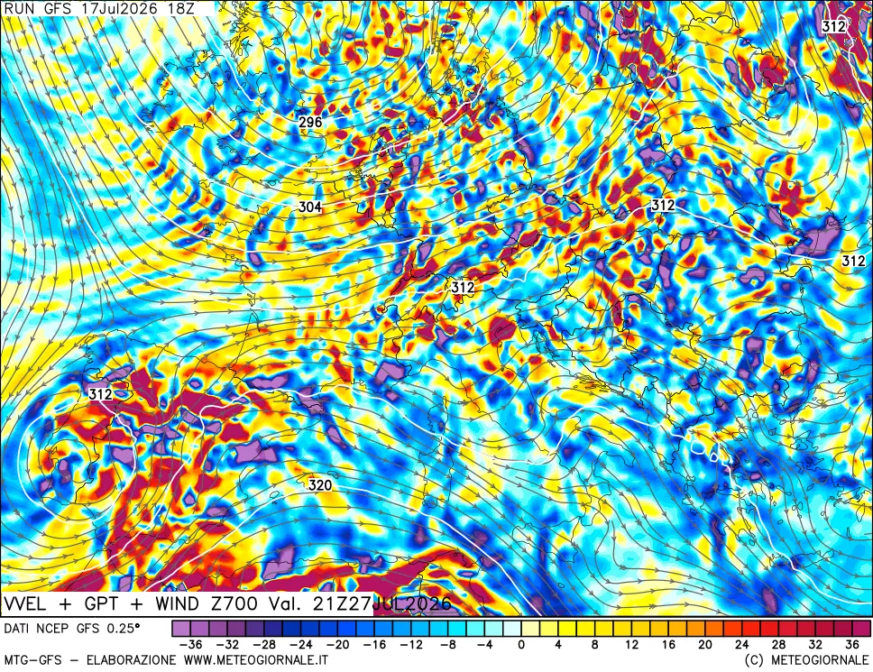 mappa 700 hPa Velocità verticiali + GPT + Vento