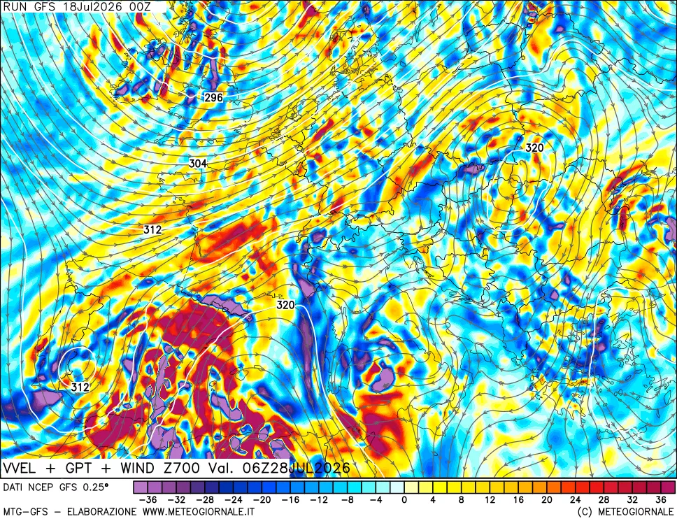 mappa 700 hPa Velocità verticiali + GPT + Vento