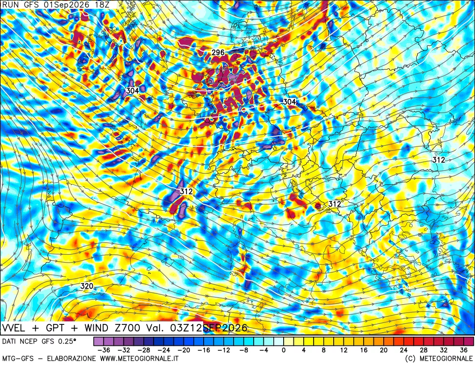 mappa 700 hPa Velocità verticiali + GPT + Vento