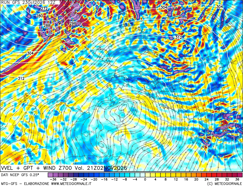 mappa 700 hPa Velocità verticiali + GPT + Vento