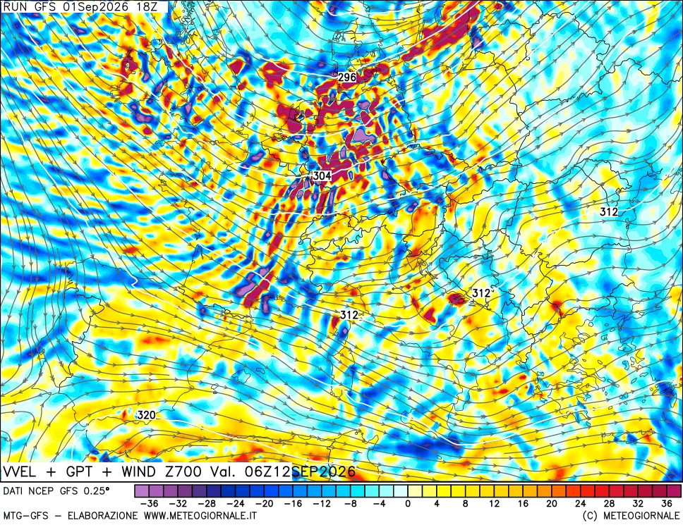 mappa 700 hPa Velocità verticiali + GPT + Vento
