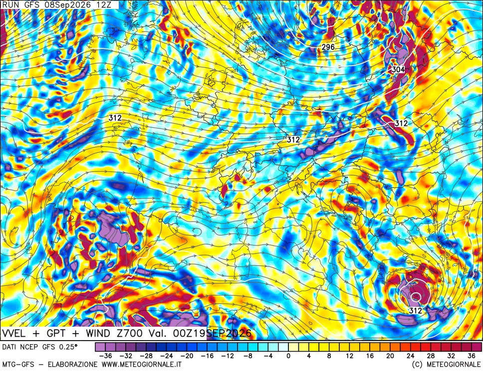 mappa 700 hPa Velocità verticiali + GPT + Vento
