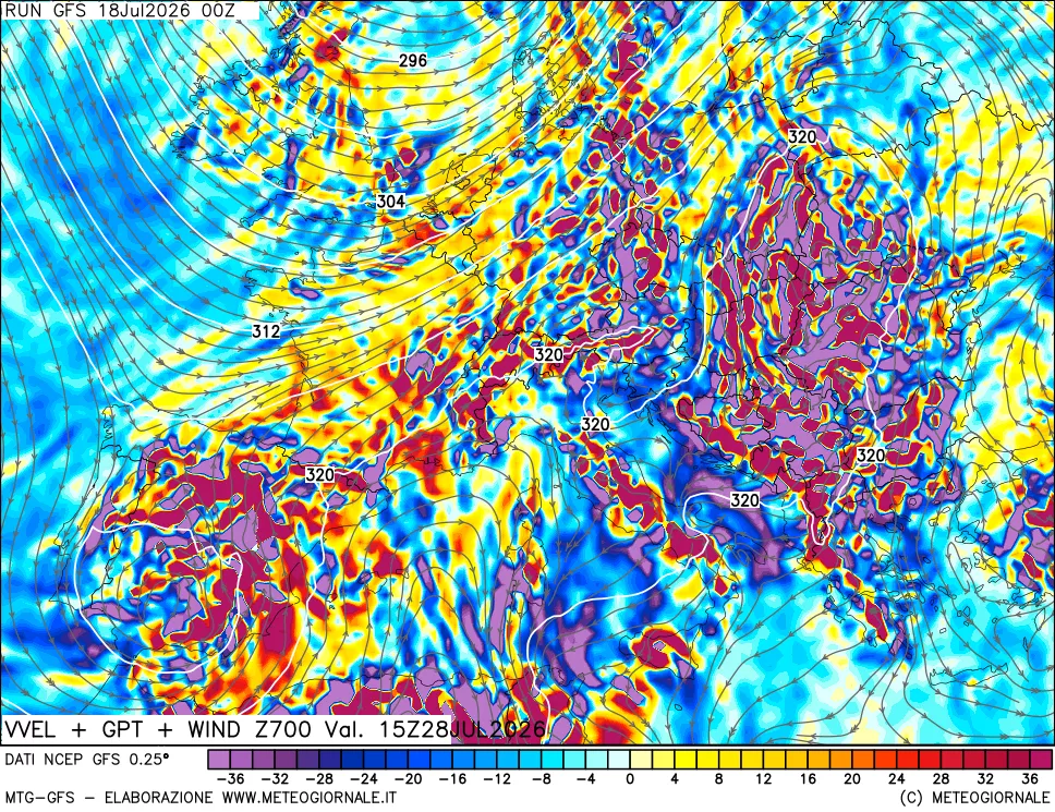 mappa 700 hPa Velocità verticiali + GPT + Vento