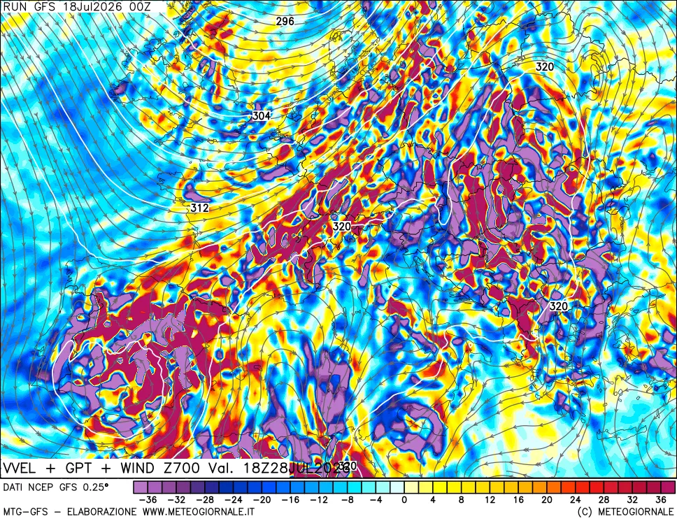 mappa 700 hPa Velocità verticiali + GPT + Vento