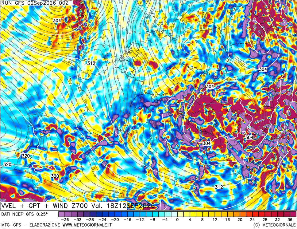 mappa 700 hPa Velocità verticiali + GPT + Vento