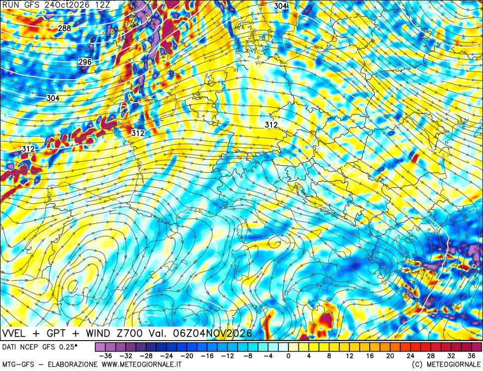 mappa 700 hPa Velocità verticiali + GPT + Vento