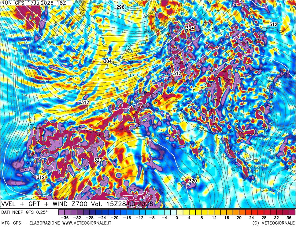 mappa 700 hPa Velocità verticiali + GPT + Vento