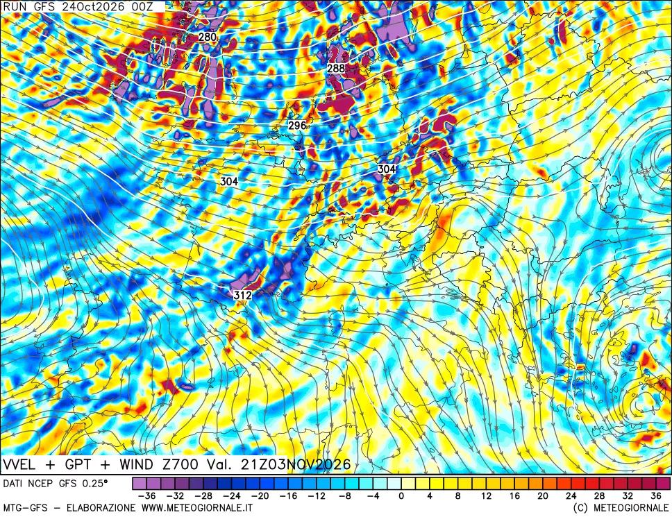mappa 700 hPa Velocità verticiali + GPT + Vento