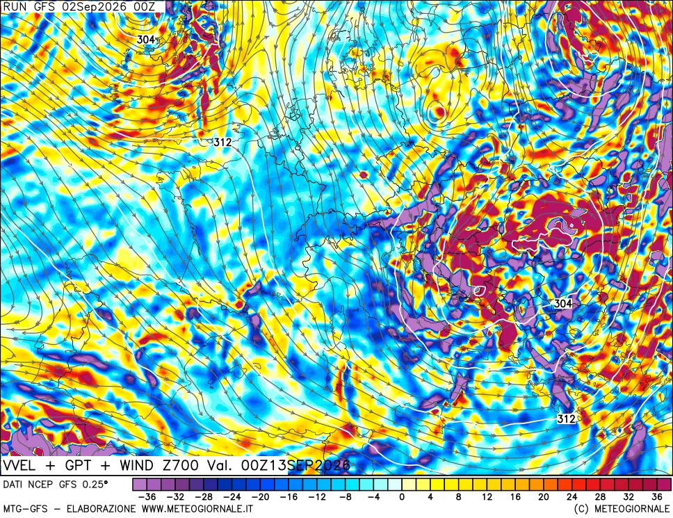 mappa 700 hPa Velocità verticiali + GPT + Vento