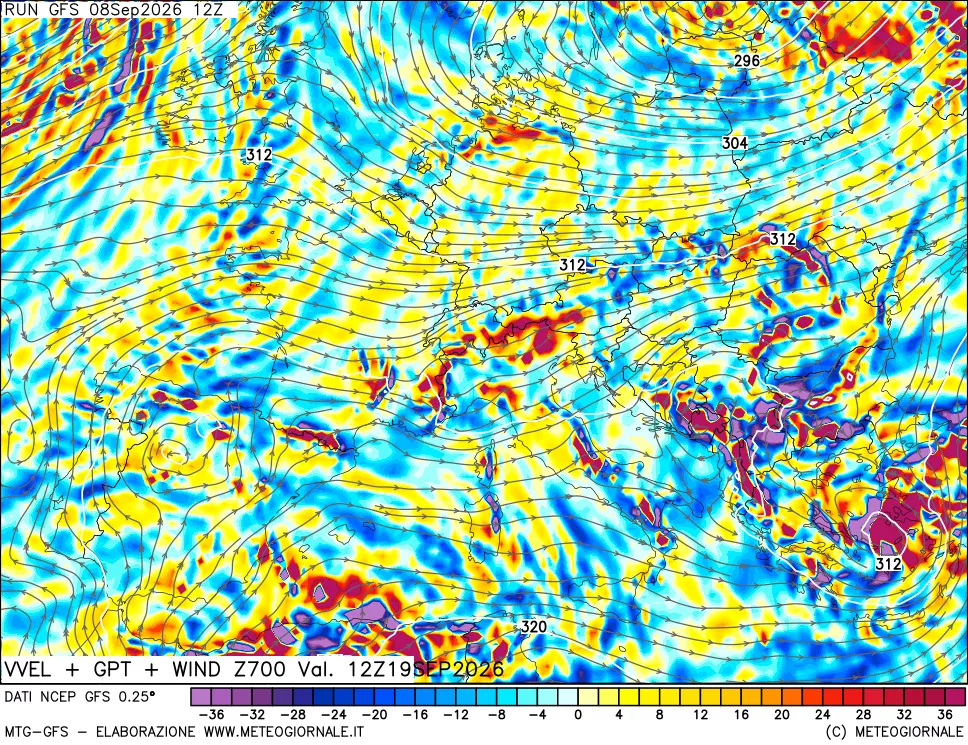 mappa 700 hPa Velocità verticiali + GPT + Vento